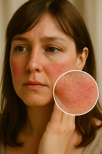 Frau mit empfindlicher, geröteter Gesichtshaut und Detailansicht der Hautrötung – Symbol für sensible Haut und Hautreizungen