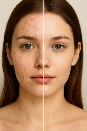 Vorher-Nachher-Darstellung einer Frau mit Hautunreinheiten links und reiner Haut rechts – Symbol für Hautpflege und Behandlung von Pickeln