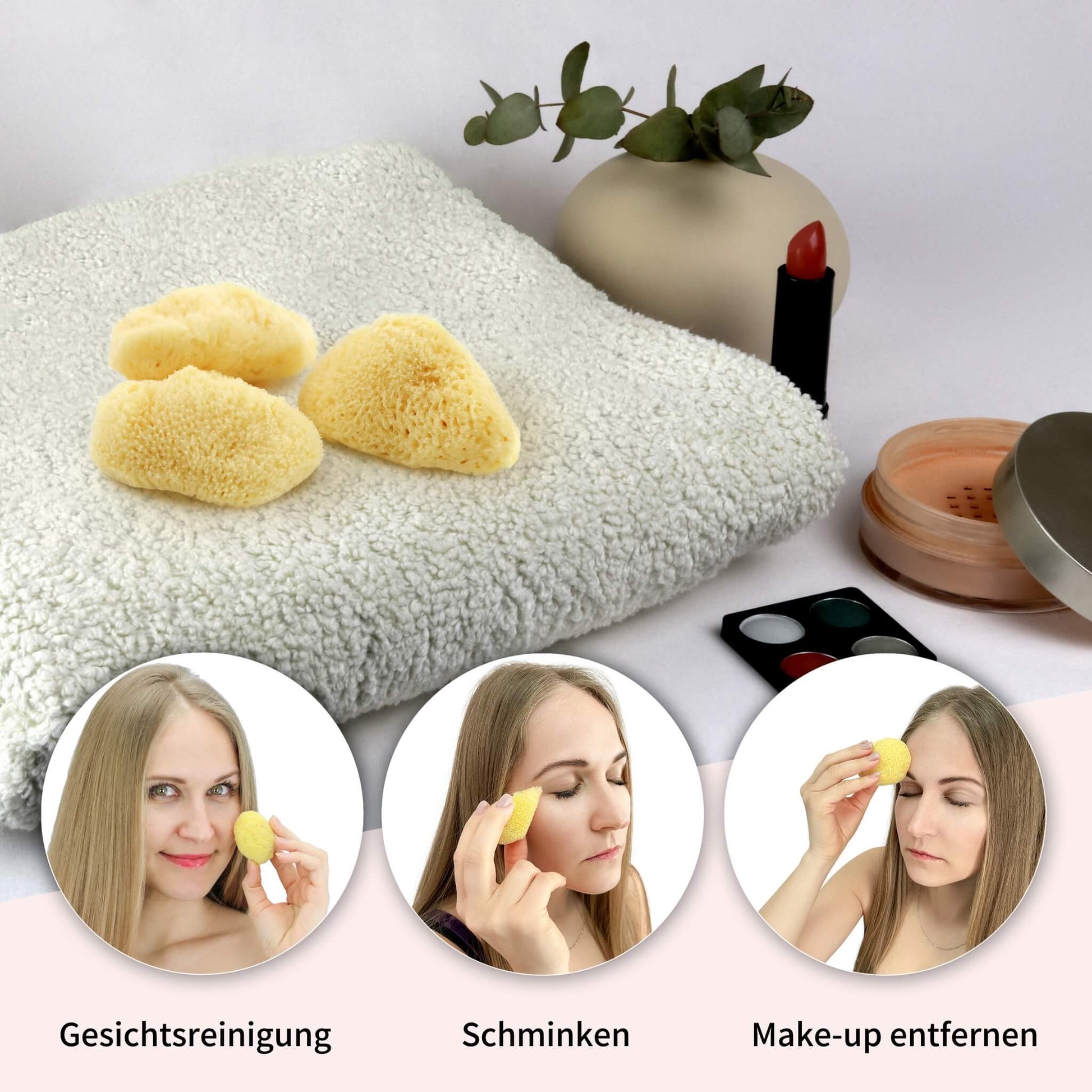 Drei Kosmetikschwämme auf einem Handtuch mit Schminkutensilien – ideal zum Schminken, Abschminken und Reinigen sensibler Gesichtshaut