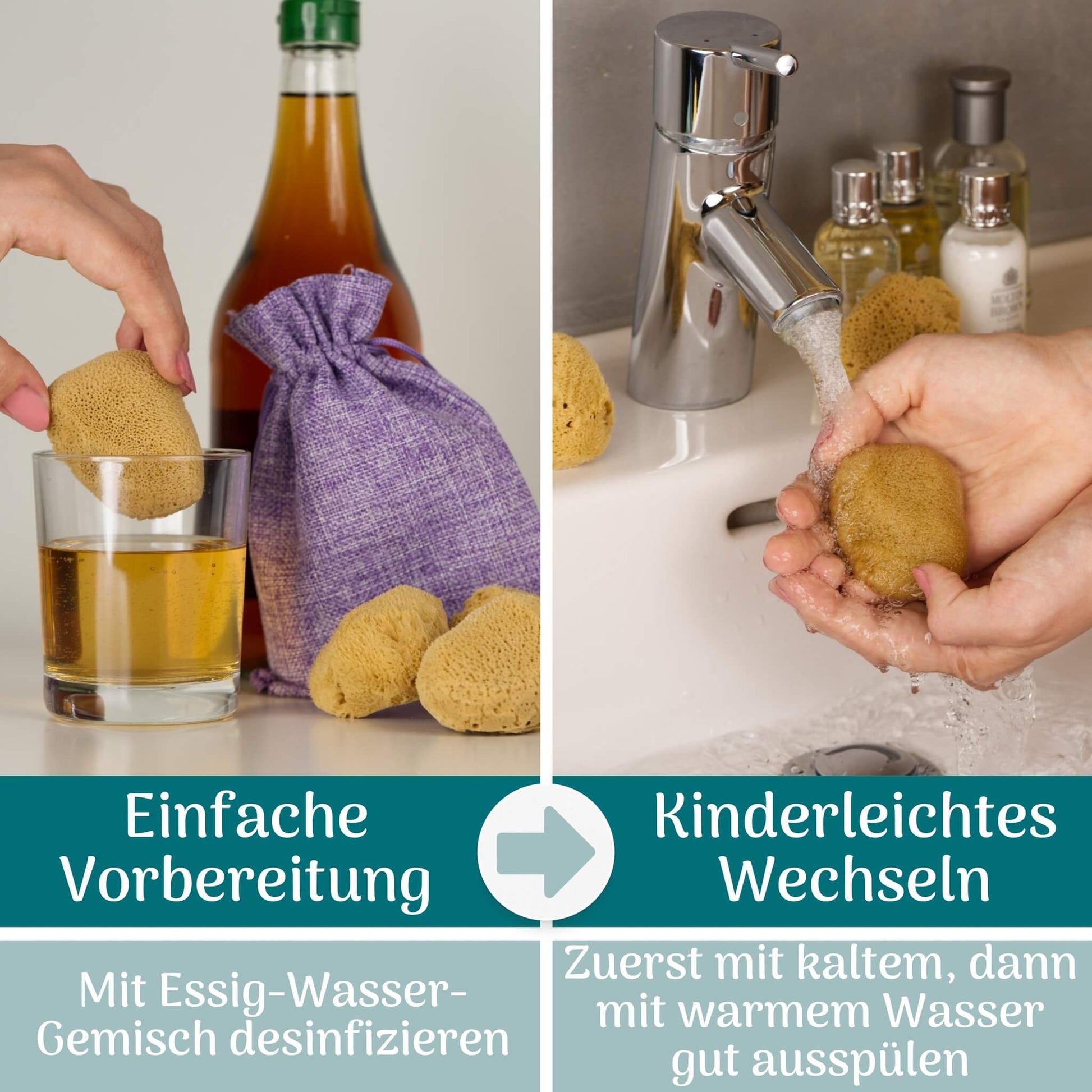 Zweiteilige Anleitung zur Reinigung von Menstruationsschwämmen: links Desinfektion in Essiglösung, rechts Auswaschen unter fließendem Wasser am Waschbecken