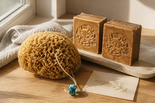 Geschenkset für die beste Freundin: Honeycomb-Naturschwamm mit weißer Kordel und blauem Glasanhänger, zwei Aleppo-Seifen auf einer hellen Ablage und eine Karte mit Zweigmotiv auf einem Holztisch am Fenster