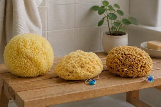 Grass-, Silk- und Honeycomb-Naturschwamm liegen auf einer Holzbank im Badezimmer.