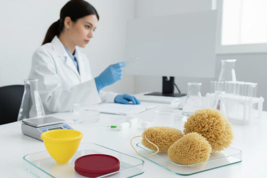 Laborszene: Menstruationsscheibe, Menstruationstasse und Menstruationsschwämme auf Glasschalen vor einer Laborantin