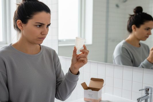 Nachteile der Menstruationstasse abwägen: Eine Frau im grauen Pullover betrachtet im Bad skeptisch eine helle Menstruationstasse, vor ihr eine geöffnete Schachtel am Waschbecken, hinter ihr ein Spiegel