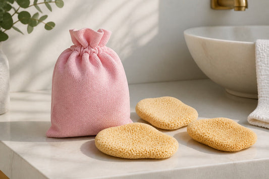 Drei flache Gesichtsschwämme liegen neben einem rosa Stoffbeutel.