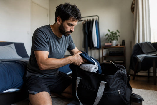 Ein Mann packt im Schlafzimmer ein graues Handtuch und dunkelblaue Kleidung in eine schwarze Sporttasche – Wechselkleidung nach dem Sport ist ein Alltagspunkt bei Pickeln am Po.