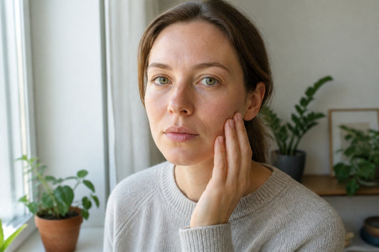 Eine Frau im hellgrauen Strickpullover legt am Fenster die Fingerspitzen an ihre Wange, eine Stelle, an der sich Reibeisenhaut im Gesicht zeigen kann; hinter ihr stehen Zimmerpflanzen.