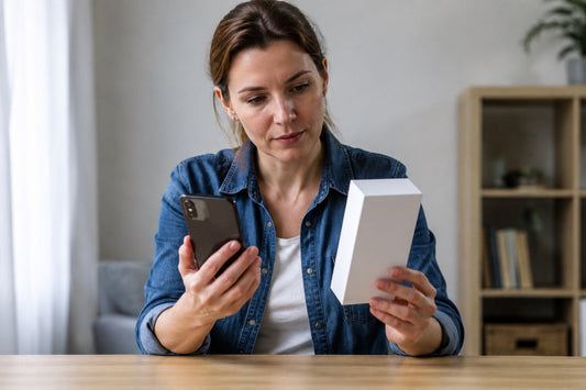 Eine Frau hält ein Smartphone und eine unbeschriftete weiße Schachtel.