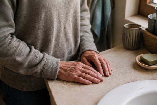 Person im grauen Strickpullover stützt beide Hände auf eine helle Steinablage neben dem Waschbecken, daneben ein olivgrünes Seifenstück auf einer kleinen Schale und ein Keramikbecher