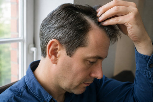 Ein Mann im blauen Hemd hebt am Fenster mit den Fingern sein Haar an und tastet die Kopfhaut ab