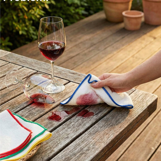 Eine Hand nimmt verschütteten Rotwein mit einem Bambus-Putztuch mit blauer Kante vom Holztisch auf