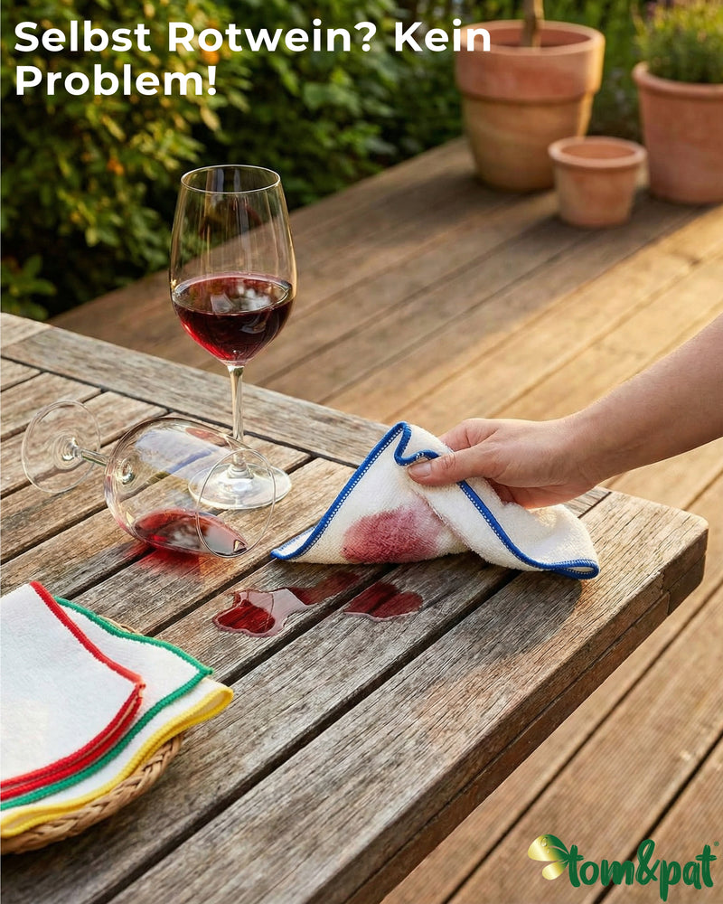 Eine Hand nimmt verschütteten Rotwein mit einem Bambus-Putztuch mit blauer Kante vom Holztisch auf