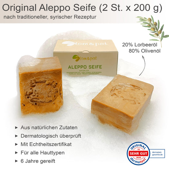 Aleppo-Seife mit 20% Lorbeeröl und Olivenöl – Infografik zu den Vorteilen des Sets
