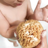 Baby hält einen weichen Babyschwamm aus Naturschwamm voller cremigem Schaum in den Händen