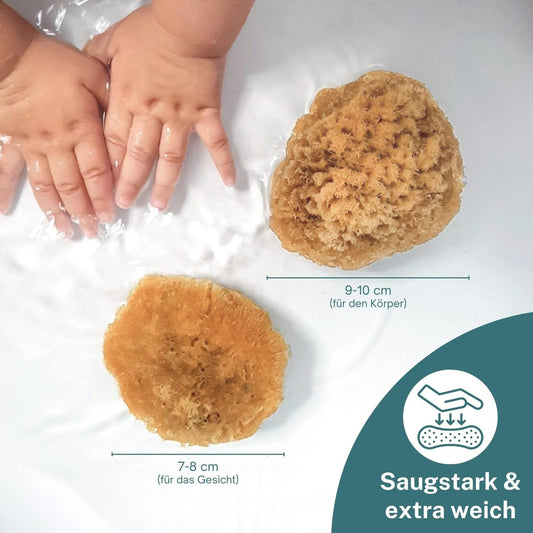 Babyhände im Wasser neben zwei saugstarken Babyschwämmen, 7–8 cm fürs Gesicht und 9–10 cm für den Körper