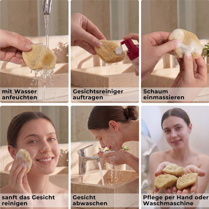 Gesichtsschwamm anfeuchten und mit Reinigungsprodukt verwenden