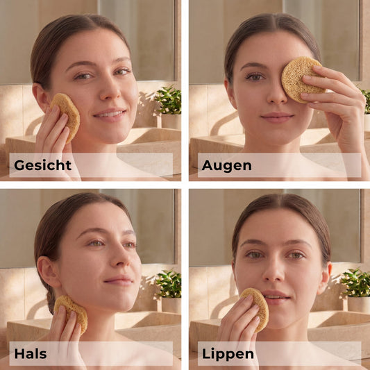Vier Anwendungen des Gesichtsschwamms an einer Frau: Gesicht, Augen, Hals und Lippen sanft reinigen
