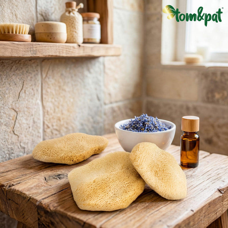 Drei Gesichtsschwämme aus Naturschwamm auf Holztisch mit Lavendel
