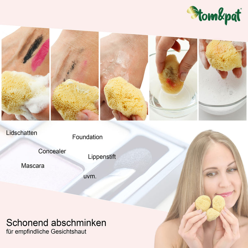 Kosmetikschwamm entfernt schonend Mascara, Lippenstift und Foundation – Frau hält zwei kleine Naturschwämme