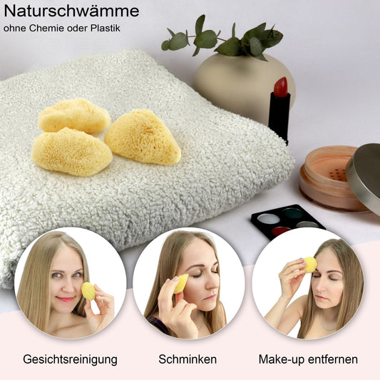 Kosmetikschwämme auf Handtuch mit Anwendungsbeispielen: Gesichtsreinigung, Schminken und Make-up entfernen