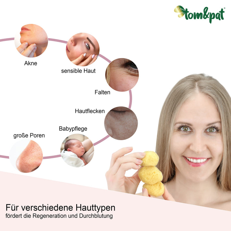 Lächelnde Frau hält drei Kosmetikschwämme, drumherum Hauttypen von Akne über sensible Haut bis Babypflege