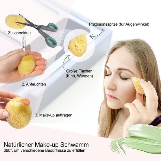 Anleitung zum Kosmetikschwamm: zuschneiden, anfeuchten, Make-up auftragen – Frau tupft Foundation an die Wange