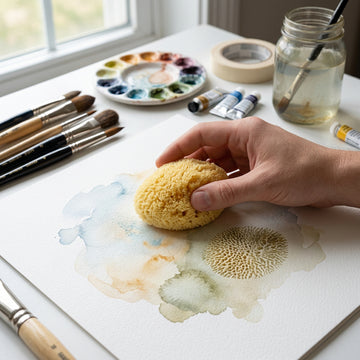 Hand tupft mit gelbem Malschwamm Aquarellfarben aufs Papier, daneben Pinsel, Farbpalette und Wasserglas
