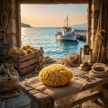 Gelber Malschwamm aus Naturschwamm auf Holztisch vor griechischem Hafen mit Fischerboot und Petroleumlampe
