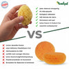 Vergleichsgrafik mit zwei Arten Schwamm zum Malen: oben eine Hand mit einem gelben Malschwamm aus Naturschwamm, unten zwei runde, orangefarbene Kunststoffschwämme.
