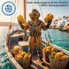 Gestaltetes Bild zur Herkunft der Malschwämme: Ein Taucher im historischen Helmtauchanzug hält auf einem Holzboot gelbe Naturschwämme hoch, daneben Körbe voller Schwämme und eine Küste mit weißen Häusern und blauen Kuppeln, dazu die Bildzeile „Vom Meeresgrund ins Atelier“, die erzählt, wie aus dem Naturschwamm ein Schwamm zum Malen wird.