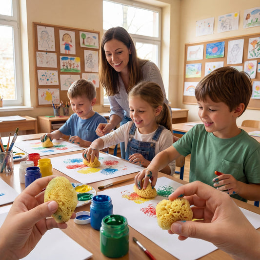 Kinder im Klassenraum stempeln mit gelben Malschwämmen bunte Farbmuster auf Papier, Lehrerin hilft dabei