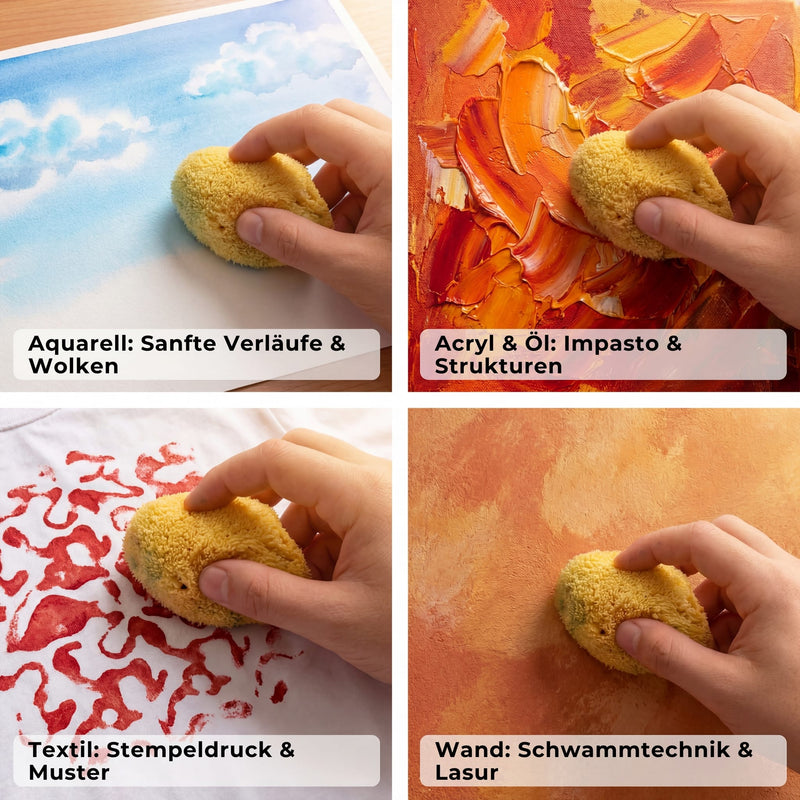 Vier Bilder zeigen Maltechniken mit Naturschwamm: Aquarell-Wolken, Acryl-Impasto, roter Textildruck und Wandlasur