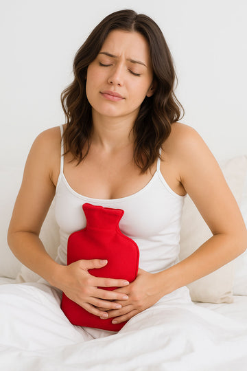 Frau mit Wärmflasche am Bauch leidet unter Menstruationsbeschwerden – Symbol für Regelschmerzen und Periodenkrämpfe
