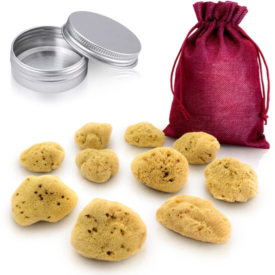 Menstruationsschwamm 10er-Set aus Naturschwamm mit rotem Leinenbeutel und silberner Aluminiumdose