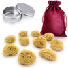 Menstruationsschwamm 10er-Set aus Naturschwamm mit rotem Leinenbeutel und silberner Aluminiumdose