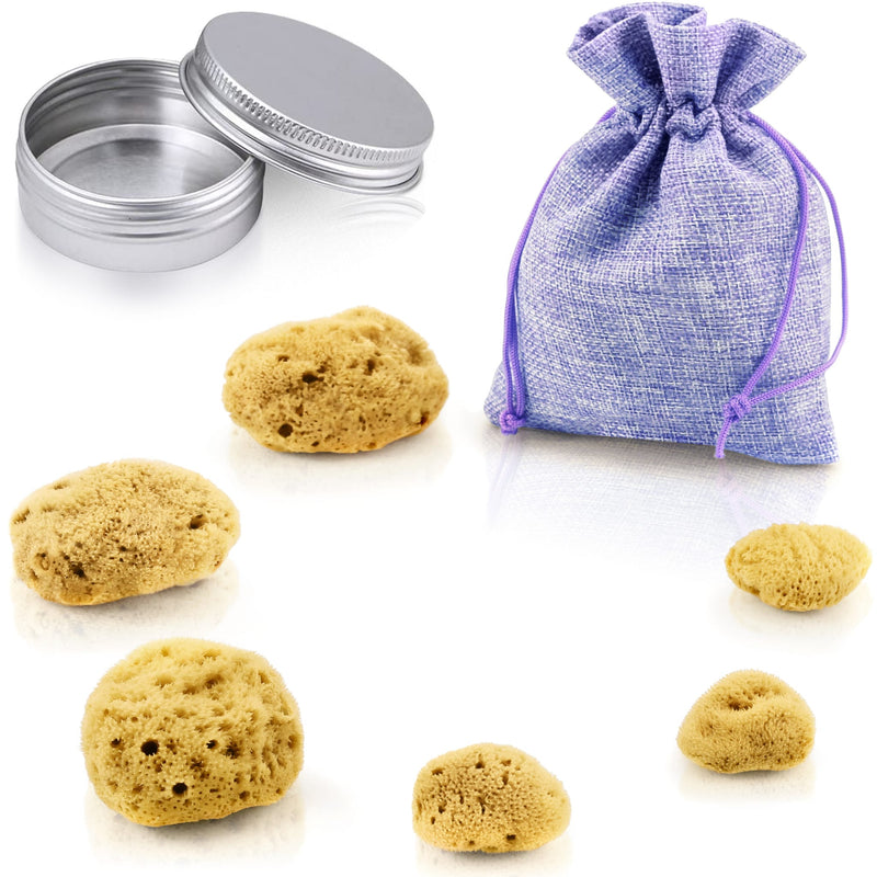 Menstruationsschwamm 6er-Set: sechs helle Schwämmchen mit lila Leinenbeutel und silberner Aluminiumdose zur Aufbewahrung