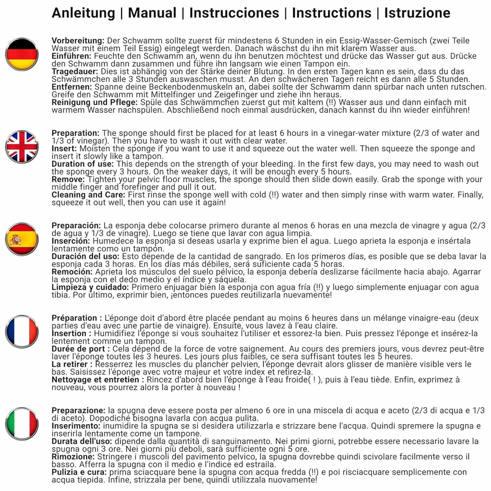 Mehrsprachige Anleitung zur Anwendung des Menstruationsschwamms in Deutsch, Englisch, Französisch, Spanisch und Italienisch