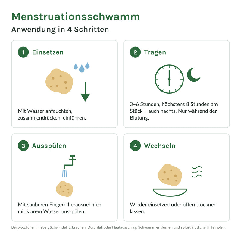 Menstruationsschwamm Anwendung in 4 Schritten: einsetzen, 3–6 Stunden tragen und höchstens 8 Stunden am Stück, ausspülen, wechseln
