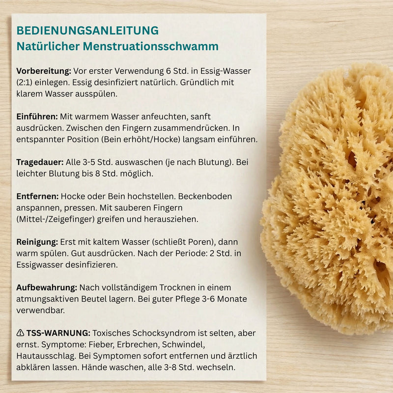 Bedienungsanleitung: Menstruationsschwamm mit Kordel richtig einführen, anwenden und reinigen