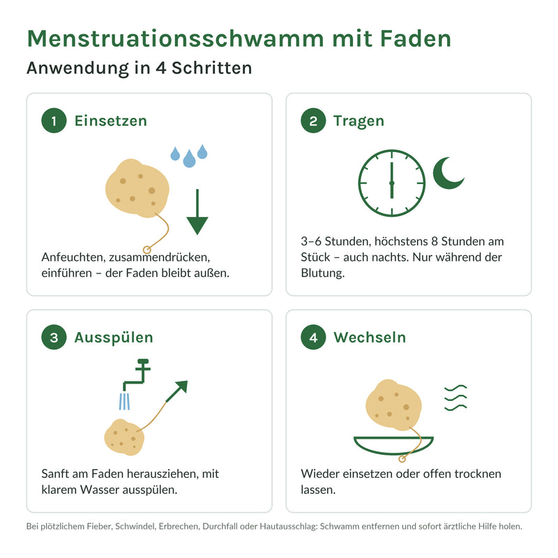 Menstruationsschwamm mit Faden Anwendung in 4 Schritten: einsetzen, 3–6 Stunden tragen und höchstens 8 Stunden am Stück, am Faden herausziehen und ausspülen, wechseln