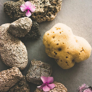 Menstruationsschwamm aus Naturschwamm neben Lavasteinen und rosa Blüten auf grauem Untergrund