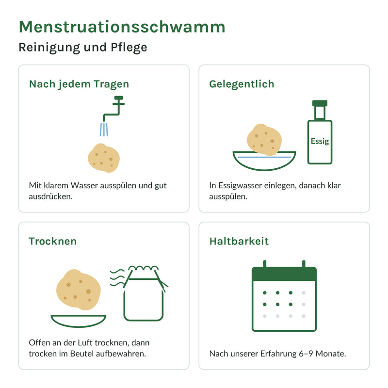 Menstruationsschwamm Reinigung und Pflege: mit klarem Wasser ausspülen, gelegentlich Essigwasser, offen trocknen, nach unserer Erfahrung 6–9 Monate haltbar