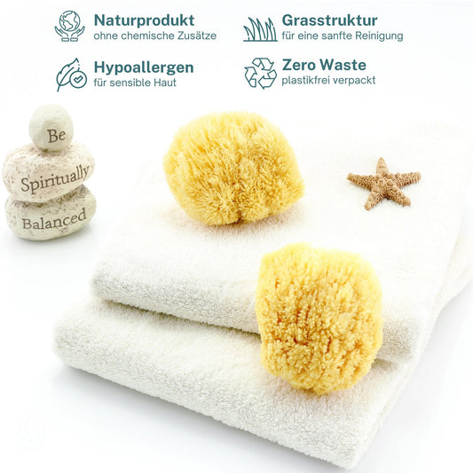 Naturschwamm Grass auf Handtuch mit Seestern - natürlicher Duschschwamm für Bad und Dusche