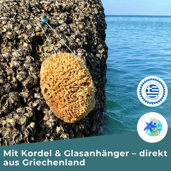 Naturschwamm Honeycomb mit Kordel und Glasanhänger – natürlicher Badeschwamm aus dem Mittelmeer