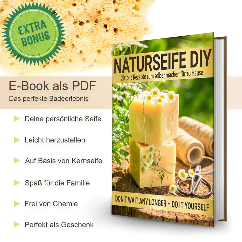 Titelbild des E-Books „Naturseife DIY“ mit 20 Rezepten zum Selbermachen und dem Stern „Extra Bonus“, im Hintergrund ein Naturschwamm Silk in Nahaufnahme